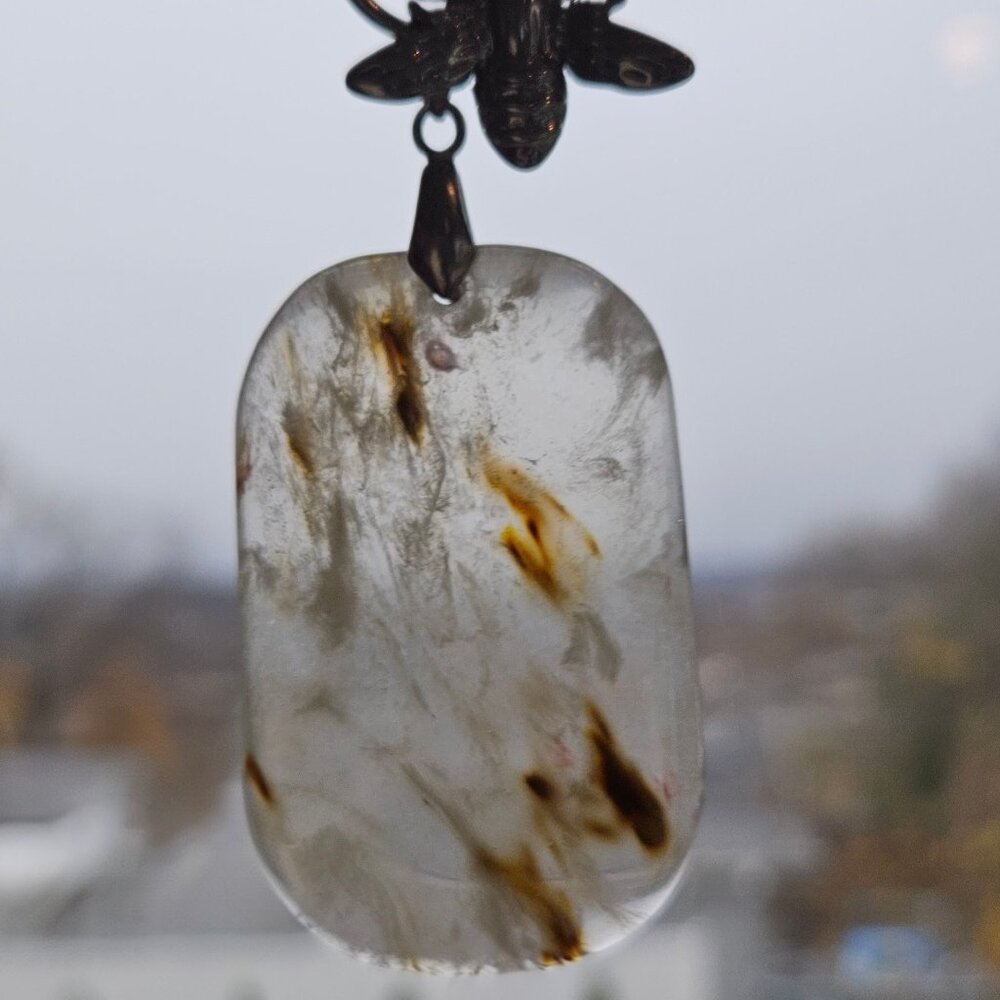 Heavy Silvertone Chain Necklace with Dendritic Quartz Pendant and Bee Charm - Picture 5 of 9